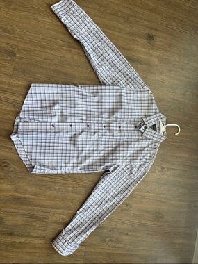 Nordstrom White and Gray Windowpane Button-Down Shirt (Smartcare)